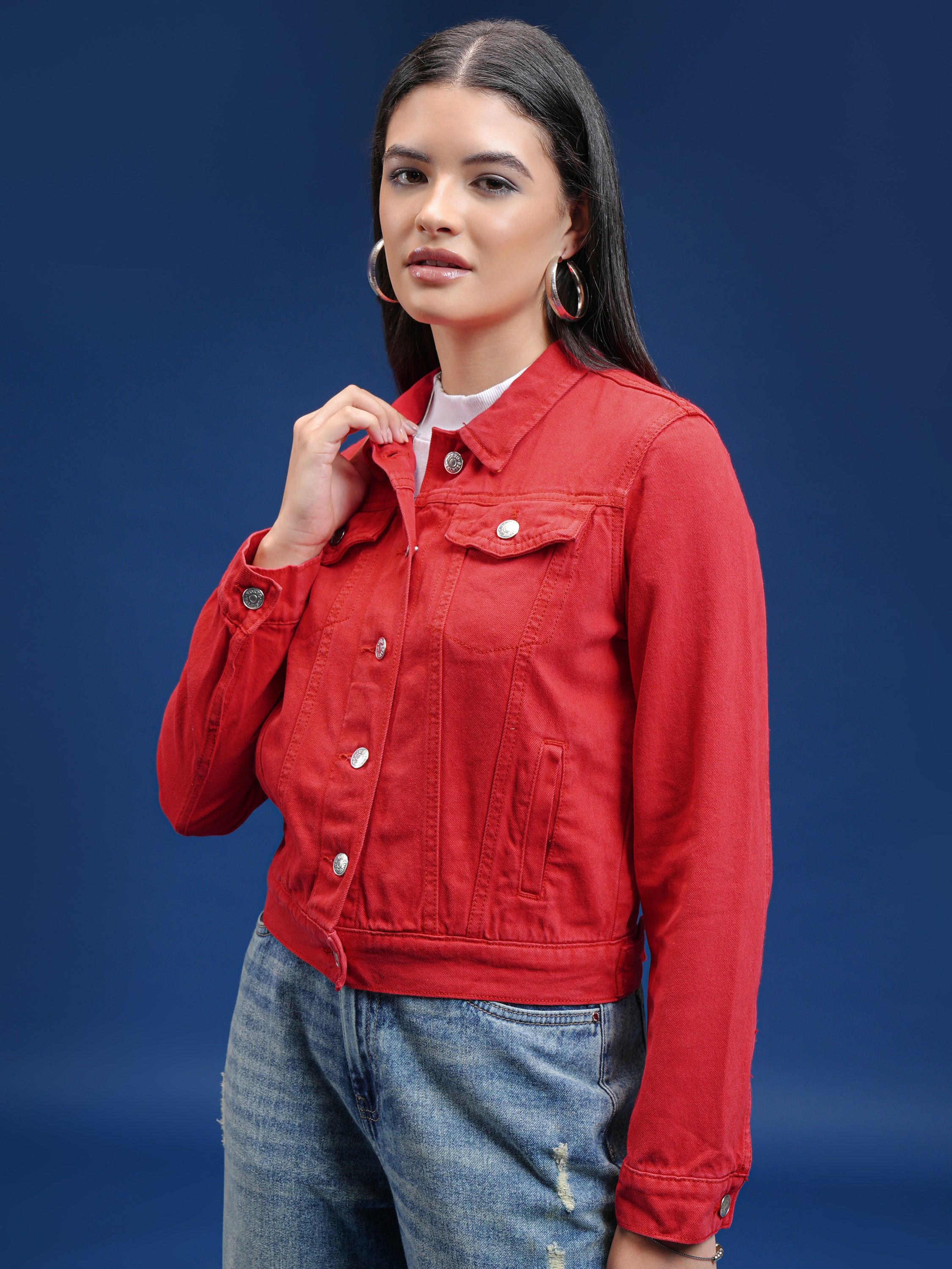 Tokyo Talkies Women Red Denim Jacket - Red - Image 4