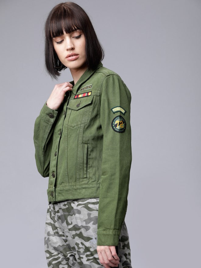 Tokyo Talkies Women Olive Denim Jacket - Olive - Image 3