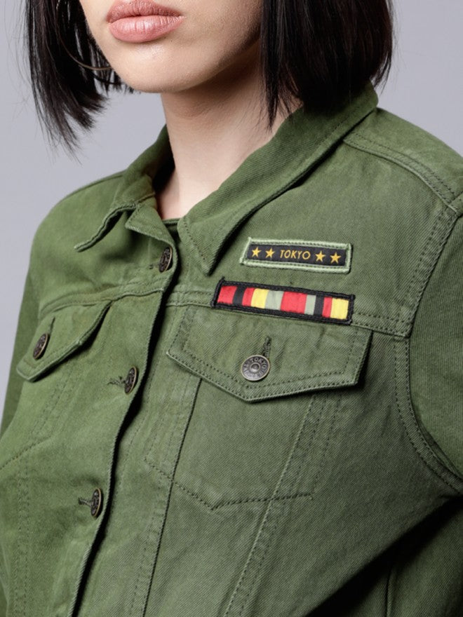 Tokyo Talkies Women Olive Denim Jacket - Olive - Image 4