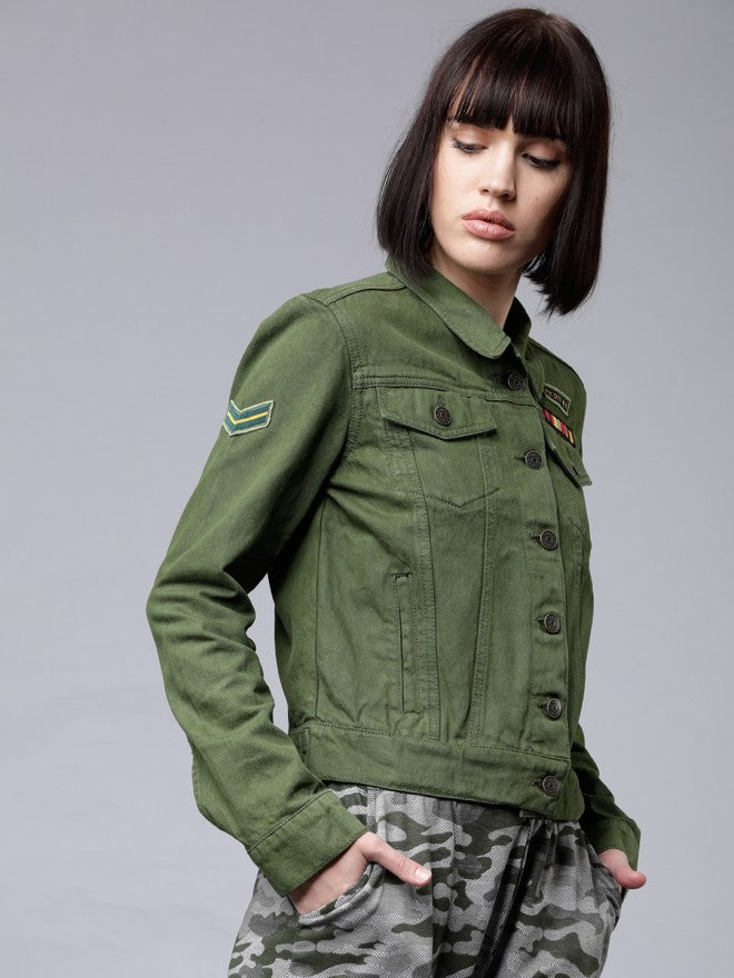 Tokyo Talkies Women Olive Denim Jacket - Olive - Image 5