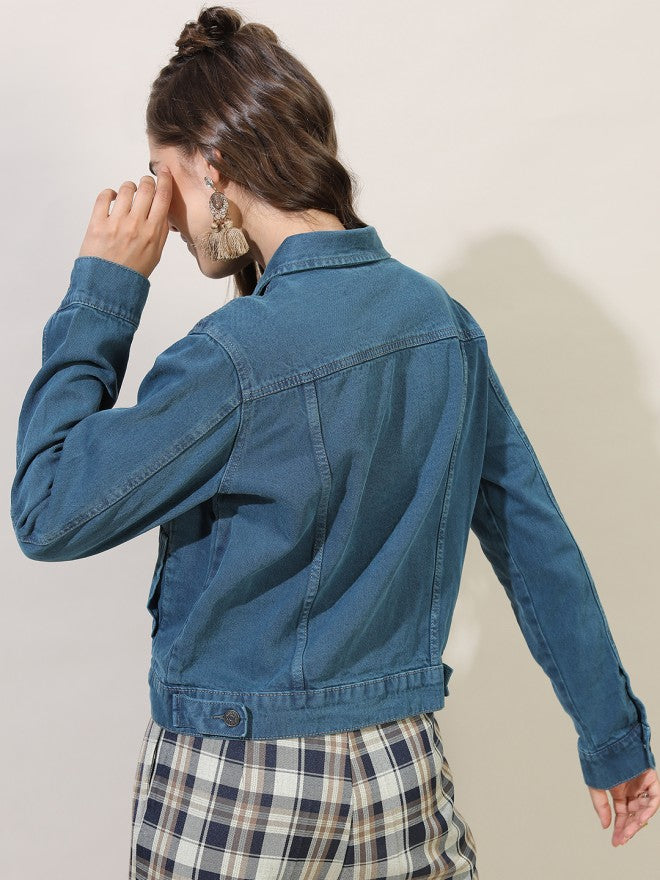 Tokyo Talkies Women Green Denim Jacket - Green - Image 2