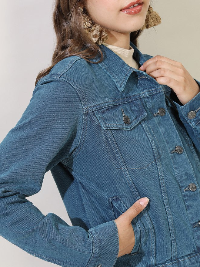 Tokyo Talkies Women Green Denim Jacket - Green - Image 3