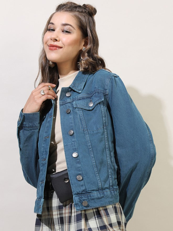 Tokyo Talkies Women Green Denim Jacket - Green - Image 4