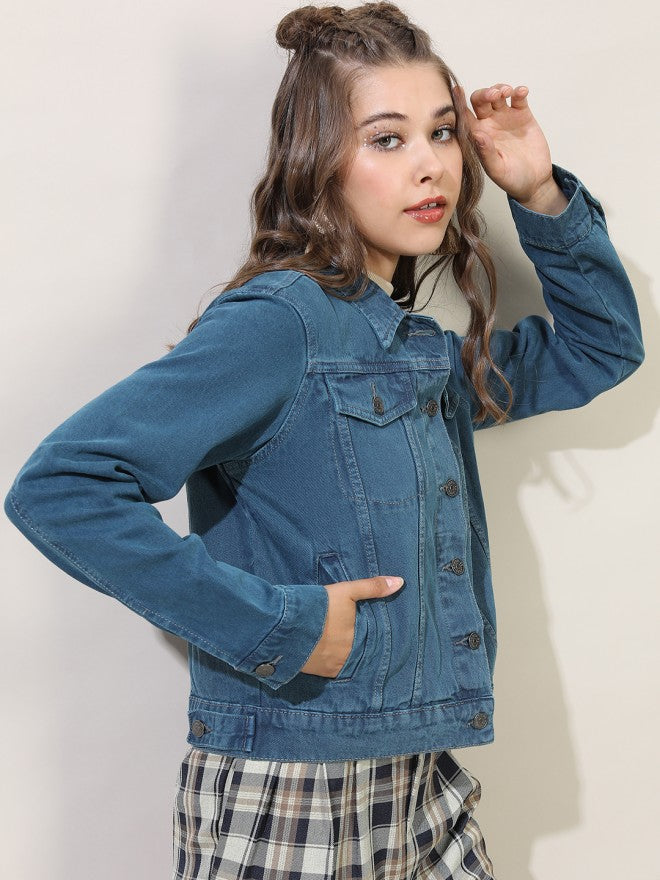 Tokyo Talkies Women Green Denim Jacket - Green - Image 5