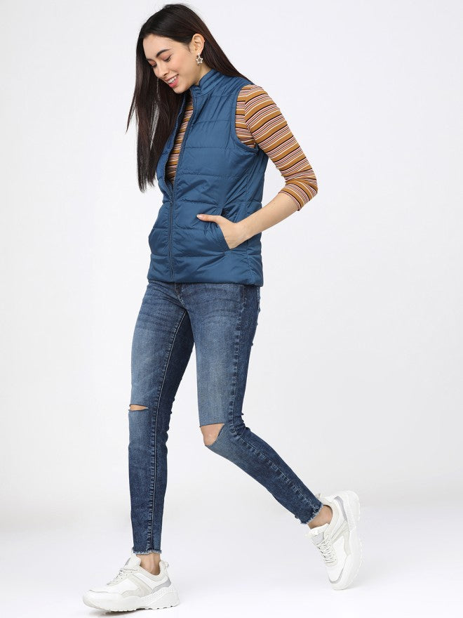 Tokyo Talkies Women Blue Puffer Jacket - Blue - Image 4
