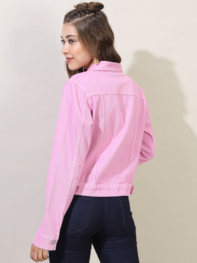 Tokyo Talkies Women Pink Denim Jacket - Pink - Image 2