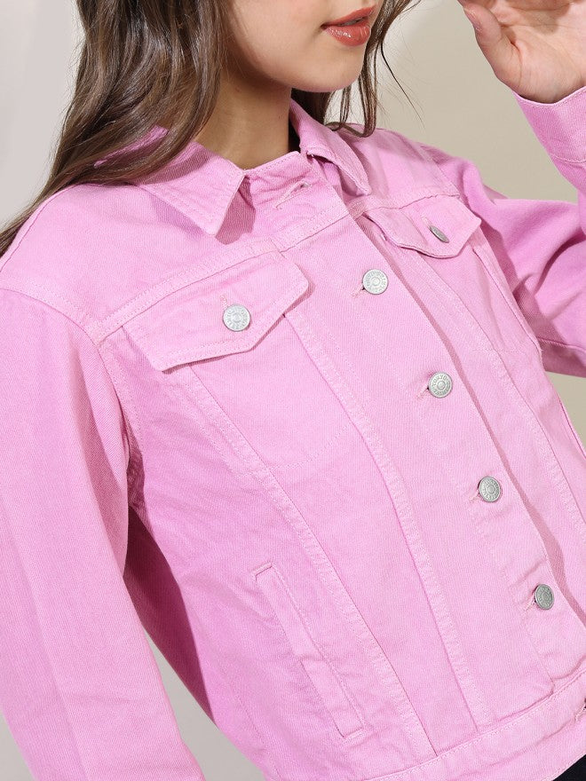 Tokyo Talkies Women Pink Denim Jacket - Pink - Image 3
