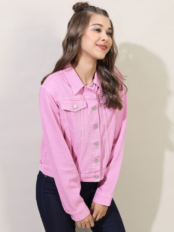 Tokyo Talkies Women Pink Denim Jacket - Pink - Image 5