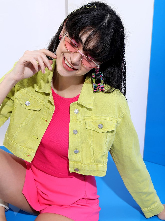 Tokyo Talkies Women Green Denim Jacket - Green - Image 4