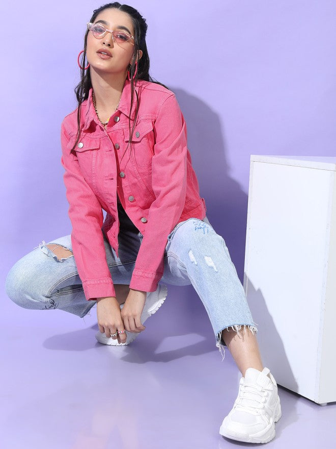 Tokyo Talkies Women Pink Denim Jacket - Pink - Image 1
