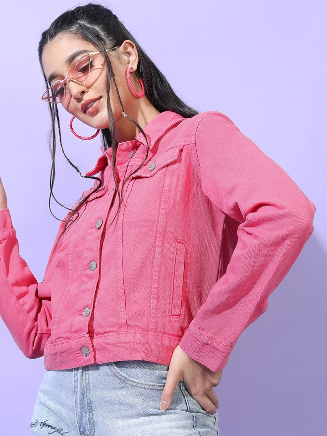 Tokyo Talkies Women Pink Denim Jacket - Pink - Image 3