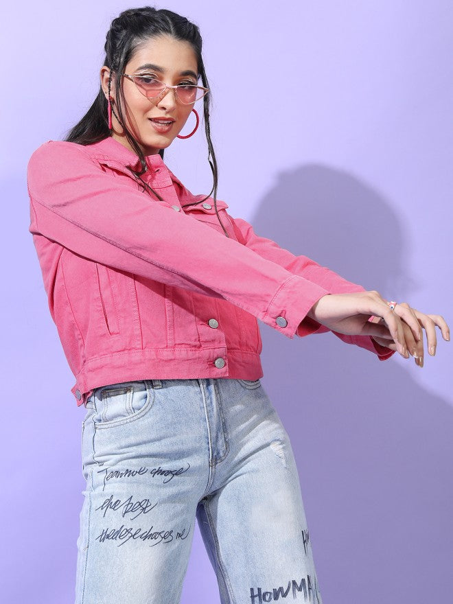 Tokyo Talkies Women Pink Denim Jacket - Pink - Image 4