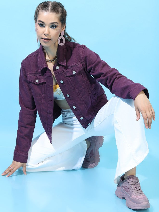 Tokyo Talkies Women Purple Denim Jacket - Purple - Image 1