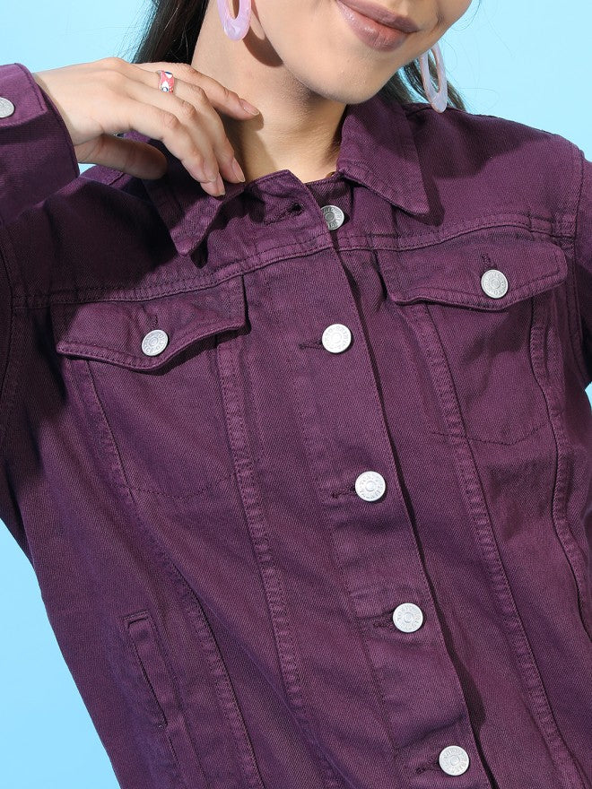 Tokyo Talkies Women Purple Denim Jacket - Purple - Image 3