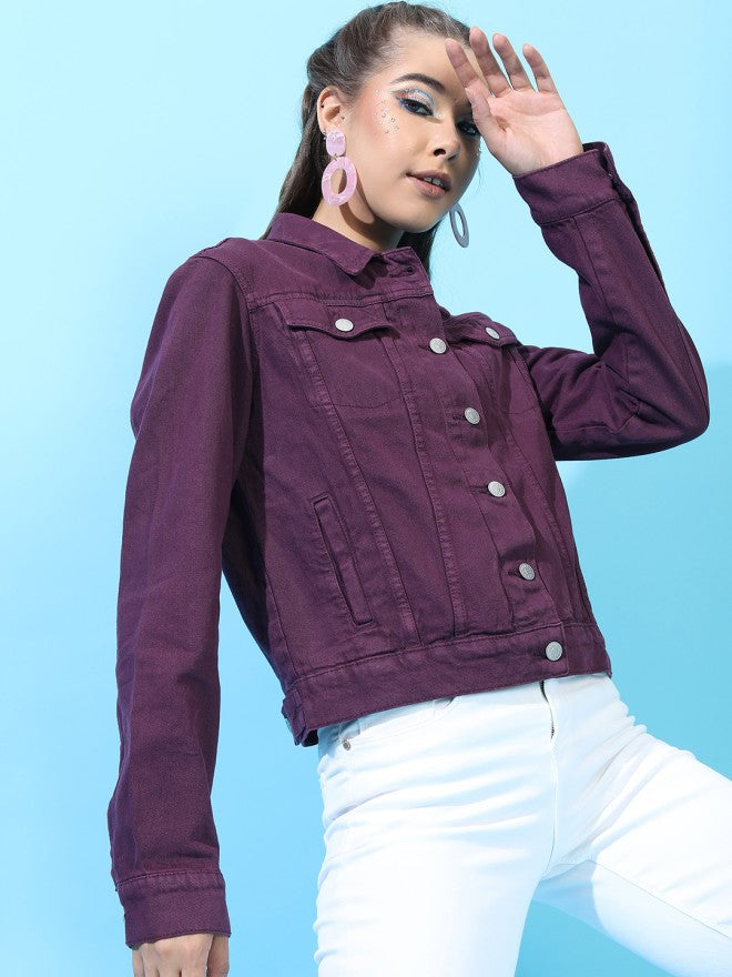 Tokyo Talkies Women Purple Denim Jacket - Purple - Image 6
