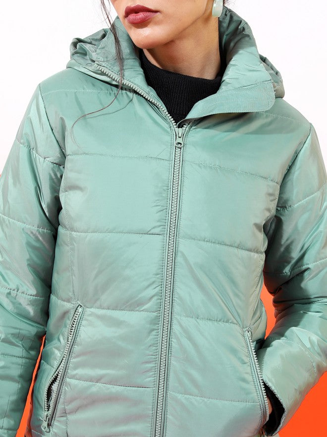 Tokyo Talkies Women Green Puffer Jacket - Green - Image 4