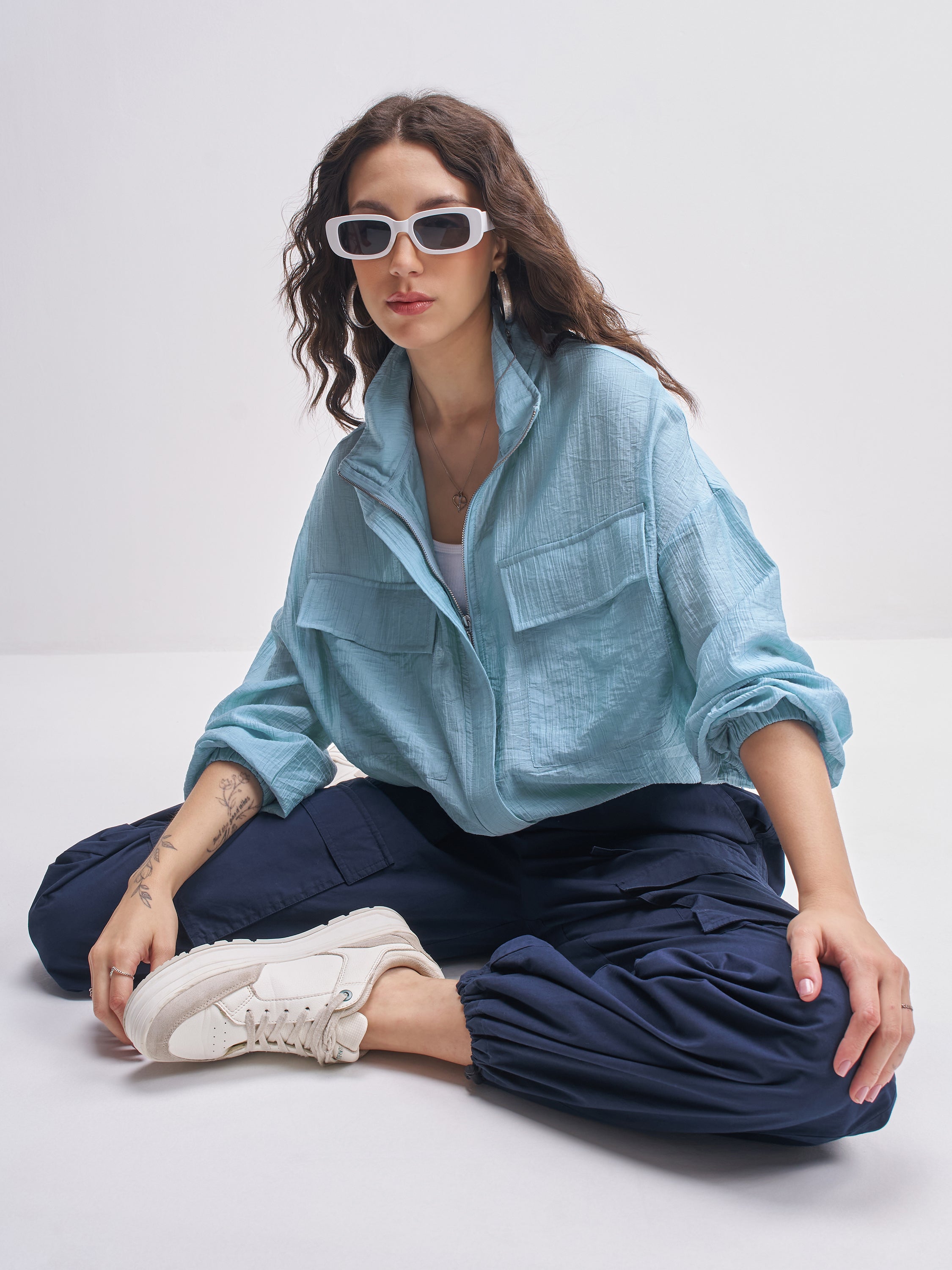 Tokyo Talkies Women Blue Open Front Jacket - Blue - Image 2