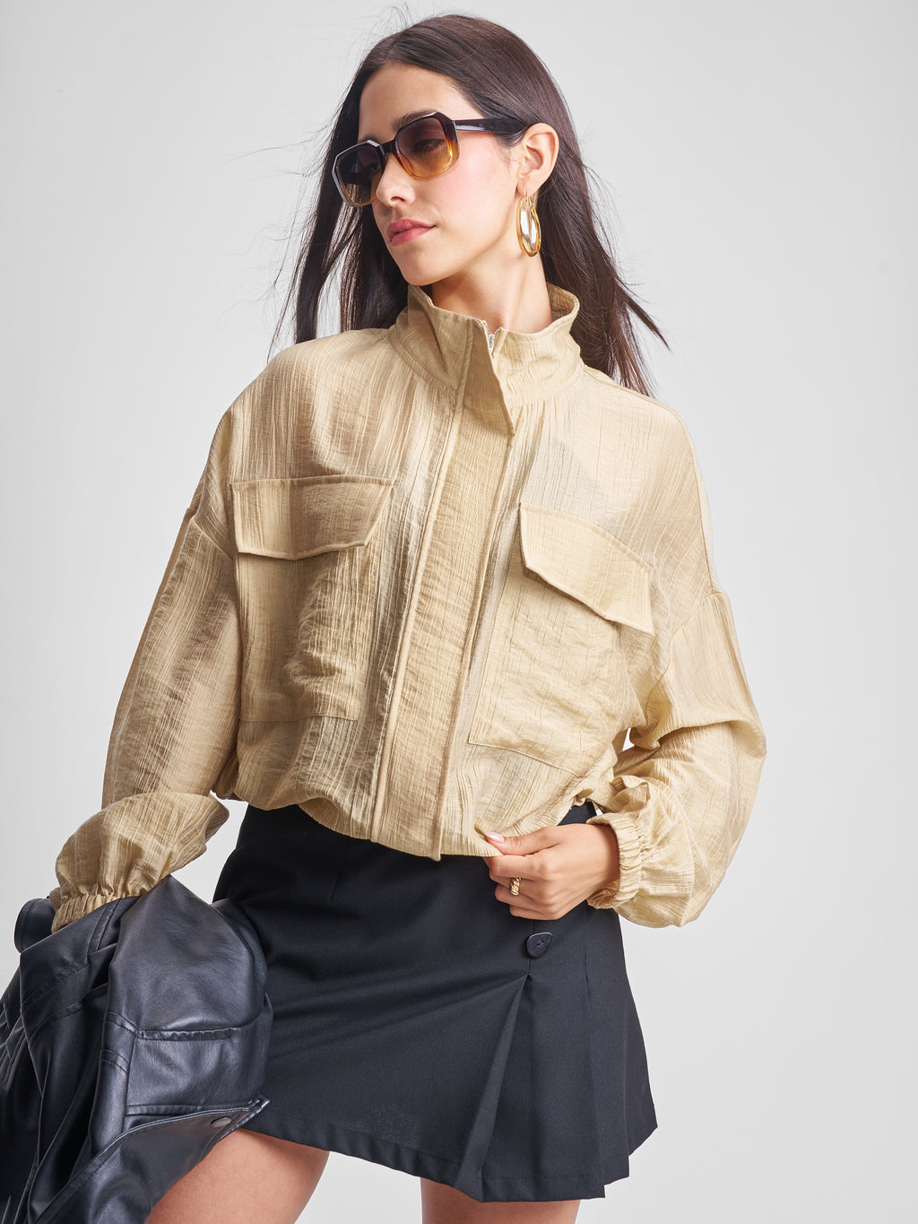 Tokyo Talkies Women Beige Open Front Jacket - Beige - Image 1
