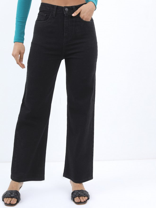 Tokyo Talkies Women Black Wide Leg Stretchable Jeans - Black - Image 1