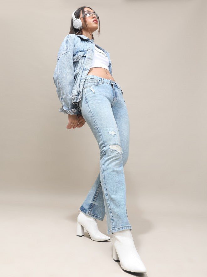 Tokyo Talkies Women Blue Bootcut Highly Distressed Stretchable Jeans - Blue - Image 2