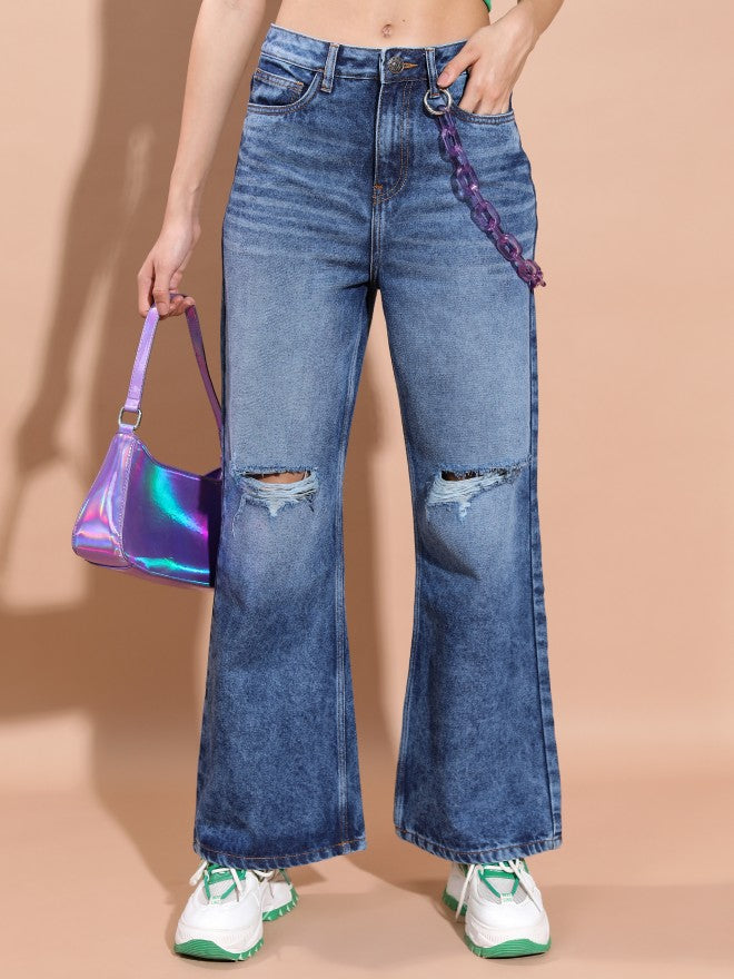 Tokyo Talkies Women Blue Wide Leg Highly Distressed Jeans - Blue - Image 1