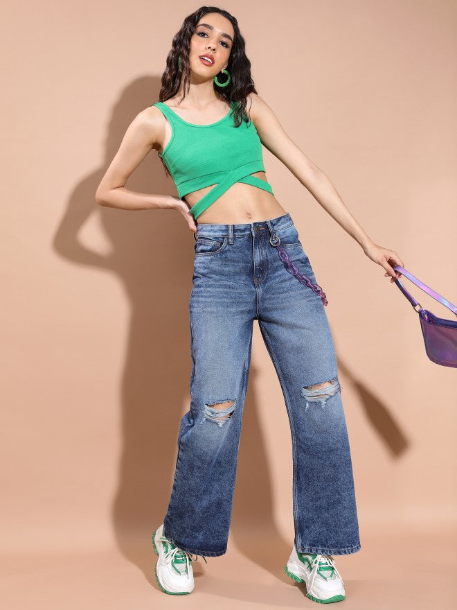 Tokyo Talkies Women Blue Wide Leg Highly Distressed Jeans - Blue - Image 2