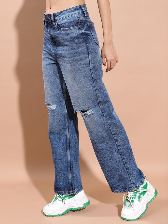 Tokyo Talkies Women Blue Wide Leg Highly Distressed Jeans - Blue - Image 4