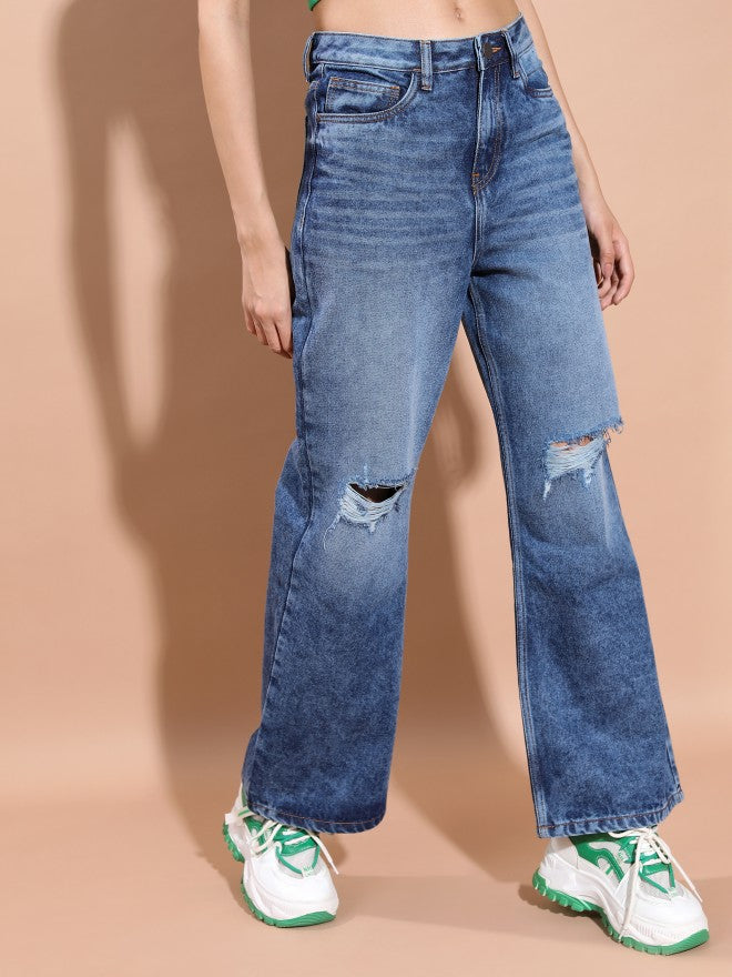 Tokyo Talkies Women Blue Wide Leg Highly Distressed Jeans - Blue - Image 6