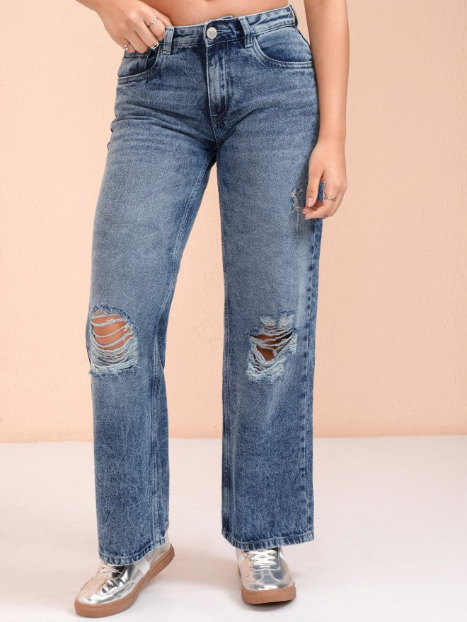 Tokyo Talkies Women Blue Straight Fit Highly Distressed Jeans - Blue - Image 1