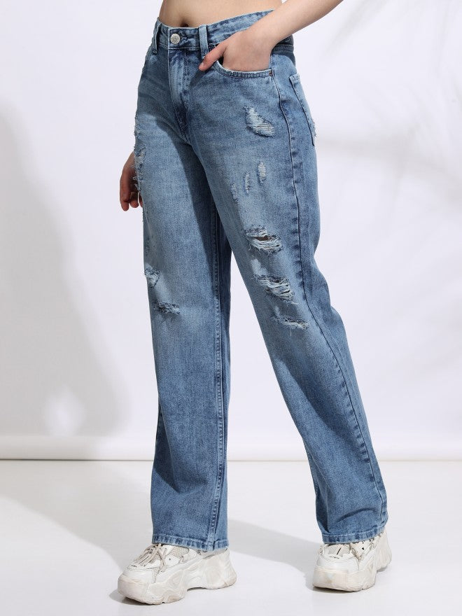 Tokyo Talkies Women Blue Straight Fit Highly Distressed Jeans - Blue - Image 4