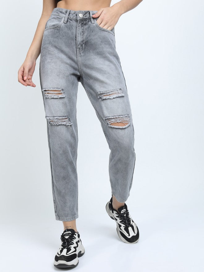 Tokyo Talkies Women Grey Mom Fit Highly Distressed Jeans - Grey - Image 1