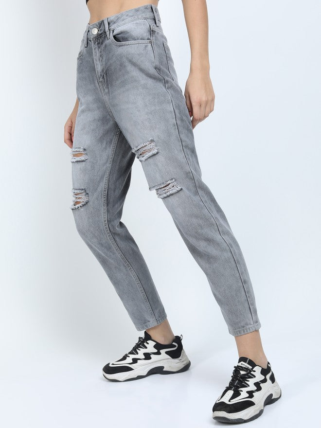 Tokyo Talkies Women Grey Mom Fit Highly Distressed Jeans - Grey - Image 4