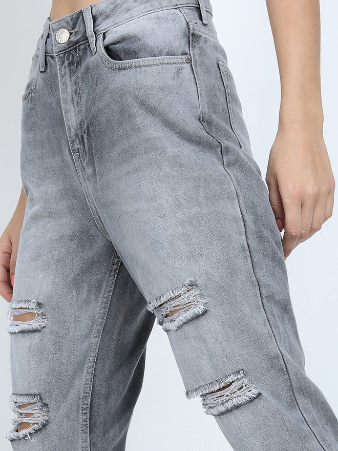 Tokyo Talkies Women Grey Mom Fit Highly Distressed Jeans - Grey - Image 5