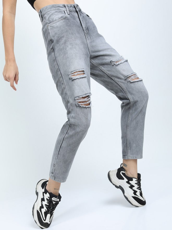 Tokyo Talkies Women Grey Mom Fit Highly Distressed Jeans - Grey - Image 6