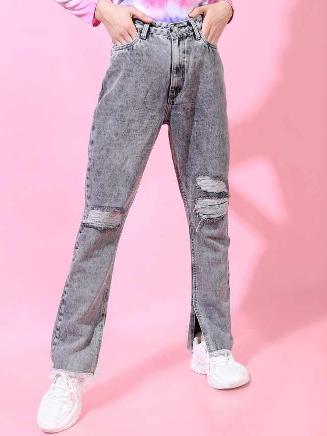 Tokyo Talkies Women Grey Straight Fit Highly Distressed Jeans - Grey - Image 1