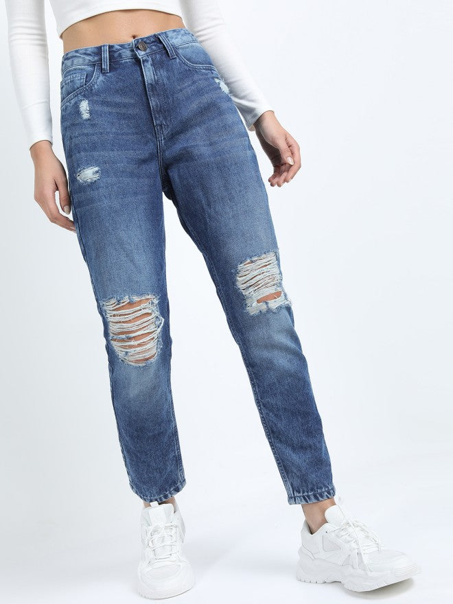 Tokyo Talkies Women Blue Straight Fit Highly Distressed Stretchable Jeans - Blue - Image 4
