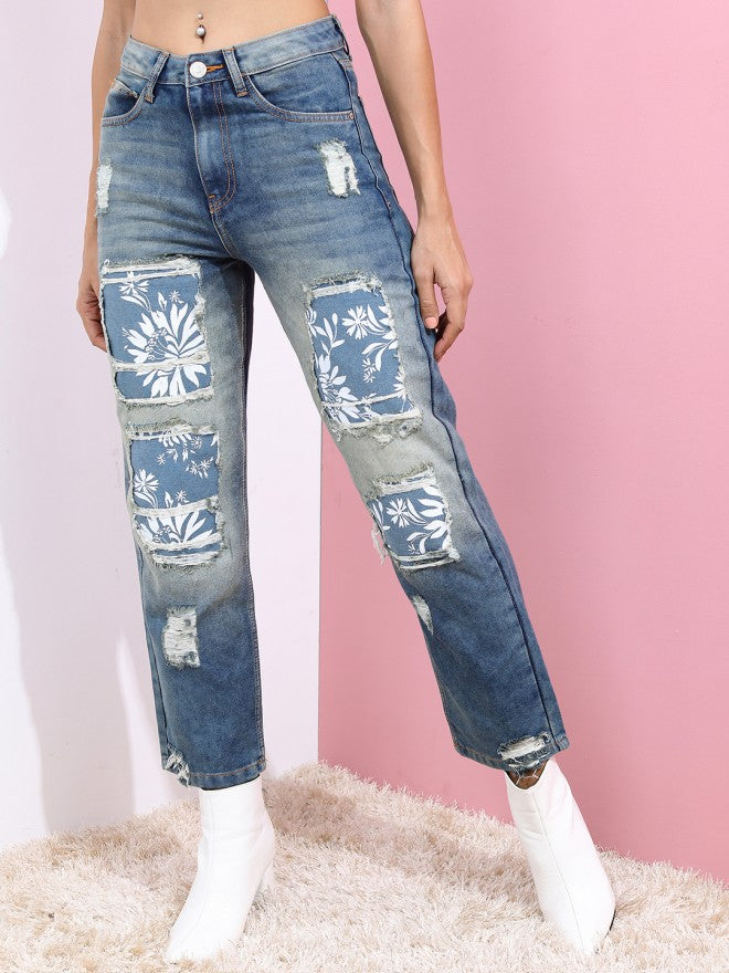 Tokyo Talkies Women Blue Wide Leg Highly Distressed Stretchable Jeans - Blue - Image 3