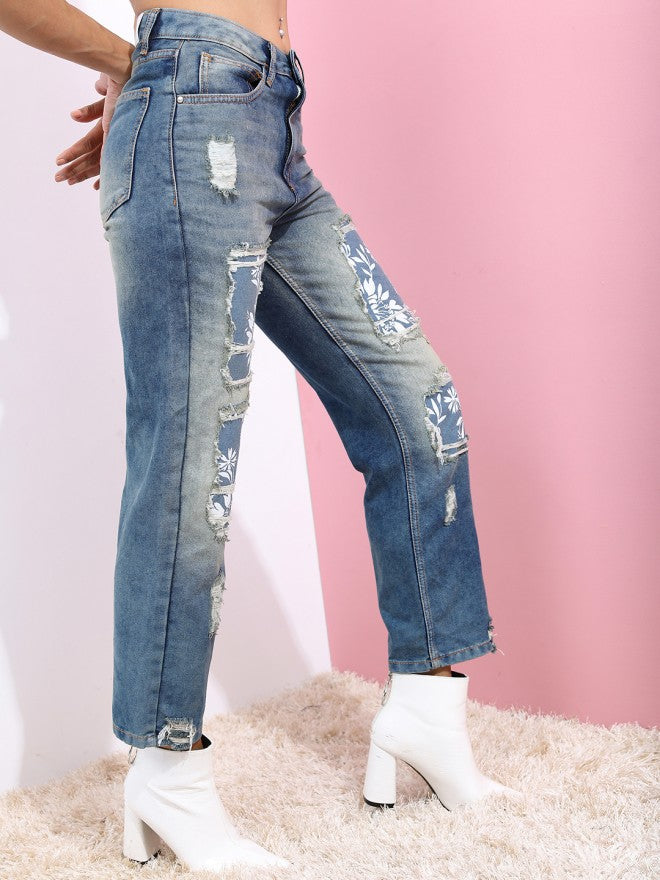 Tokyo Talkies Women Blue Wide Leg Highly Distressed Stretchable Jeans - Blue - Image 5