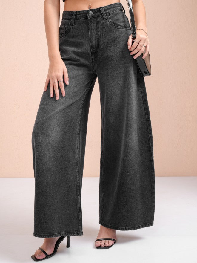 Tokyo Talkies Women Grey Wide Leg Stretchable Jeans - Grey - Image 1