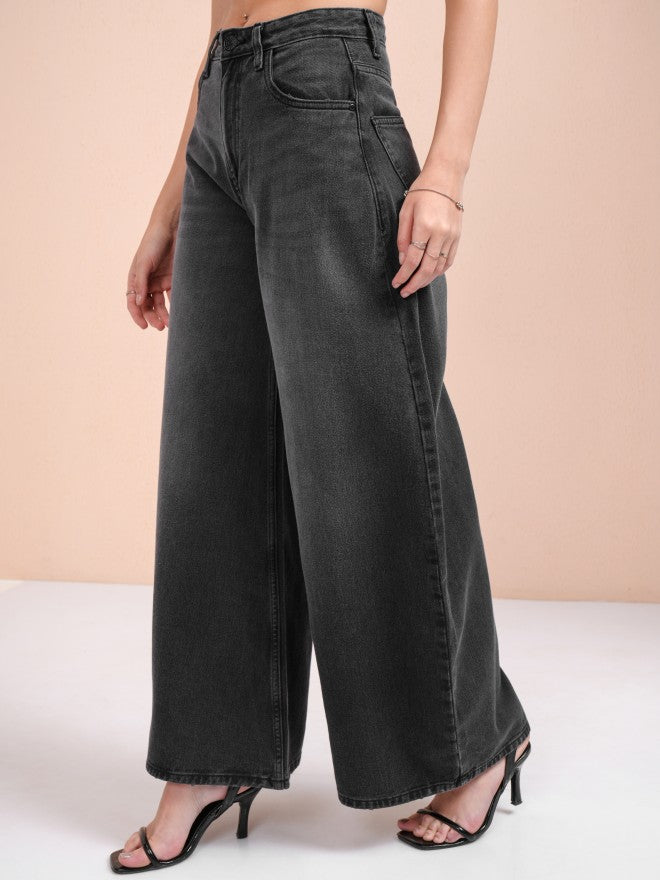 Tokyo Talkies Women Grey Wide Leg Stretchable Jeans - Grey - Image 4