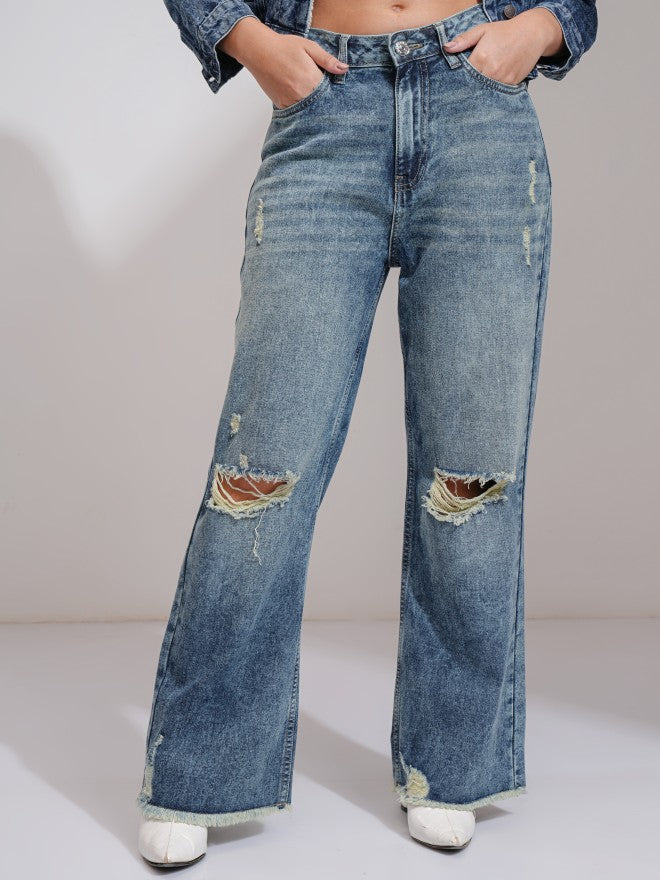 Tokyo Talkies Women Blue Flared Highly Distressed Jeans - Blue - Image 1