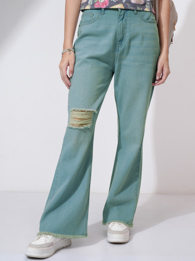 Tokyo Talkies Women Blue Flared Highly Distressed Jeans - Blue - Image 1
