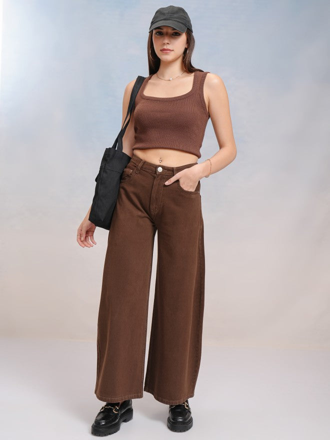 Tokyo Talkies Women Brown Wide Leg Jeans - Brown - Image 2