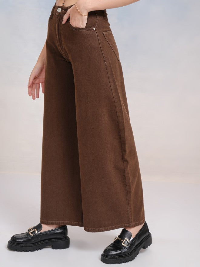 Tokyo Talkies Women Brown Wide Leg Jeans - Brown - Image 4