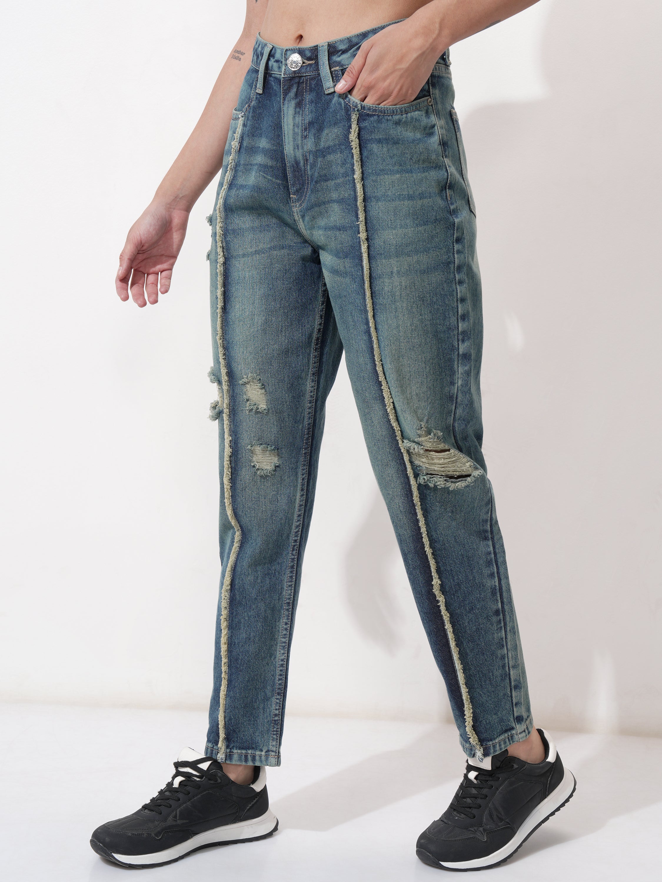 Tokyo Talkies Women Blue Mom Fit Highly Distressed Stretchable Jeans - Blue - Image 4