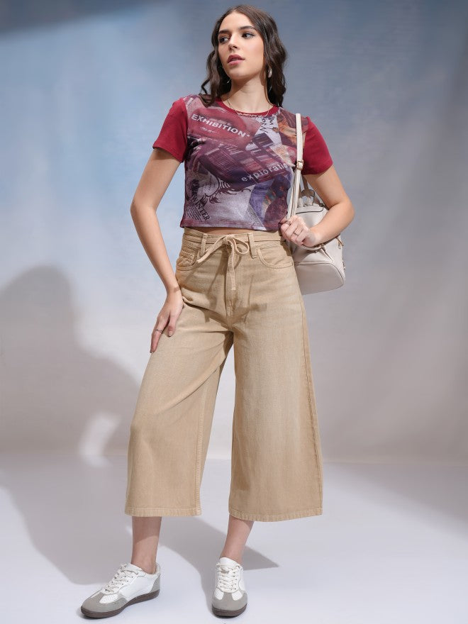 Tokyo Talkies Women Beige Wide Leg Stretchable Jeans - Beige - Image 2