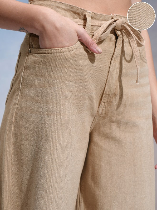 Tokyo Talkies Women Beige Wide Leg Stretchable Jeans - Beige - Image 5