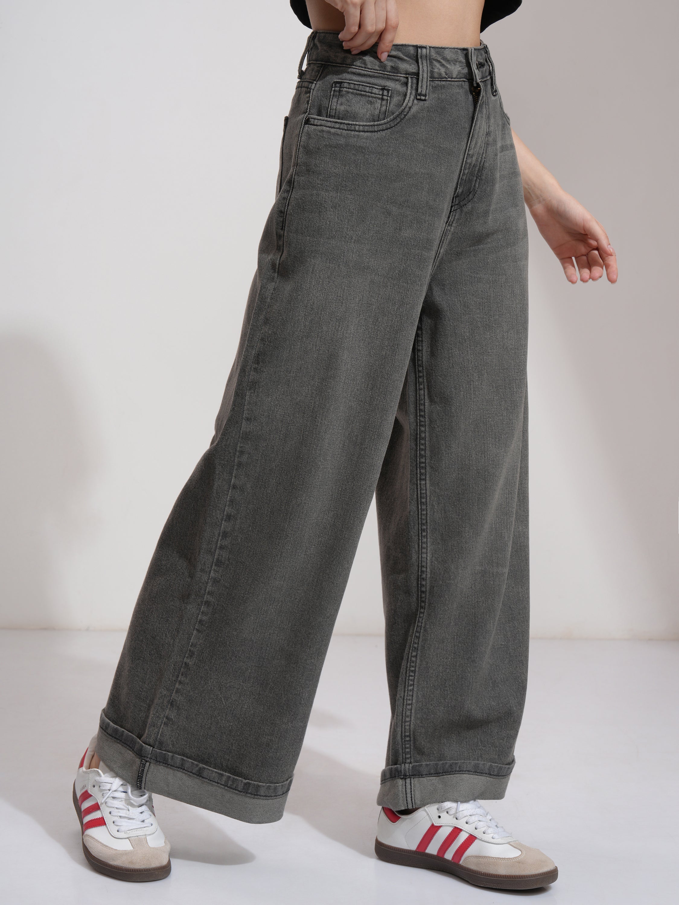 Tokyo Talkies Women Grey Wide Leg Stretchable Jeans - Grey - Image 6
