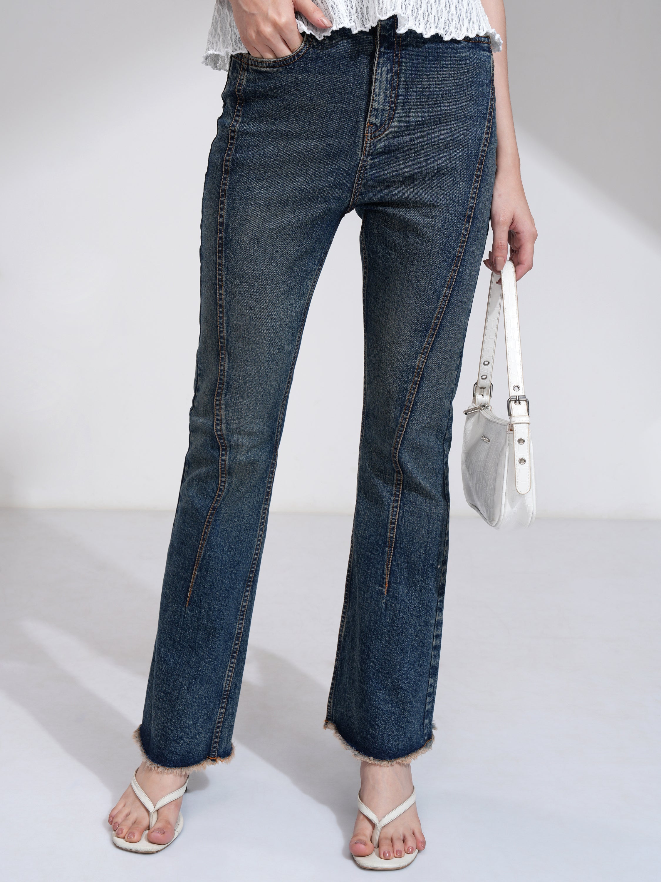 Tokyo Talkies Women Blue Bootcut Highly Distressed Jeans - Blue - Image 1