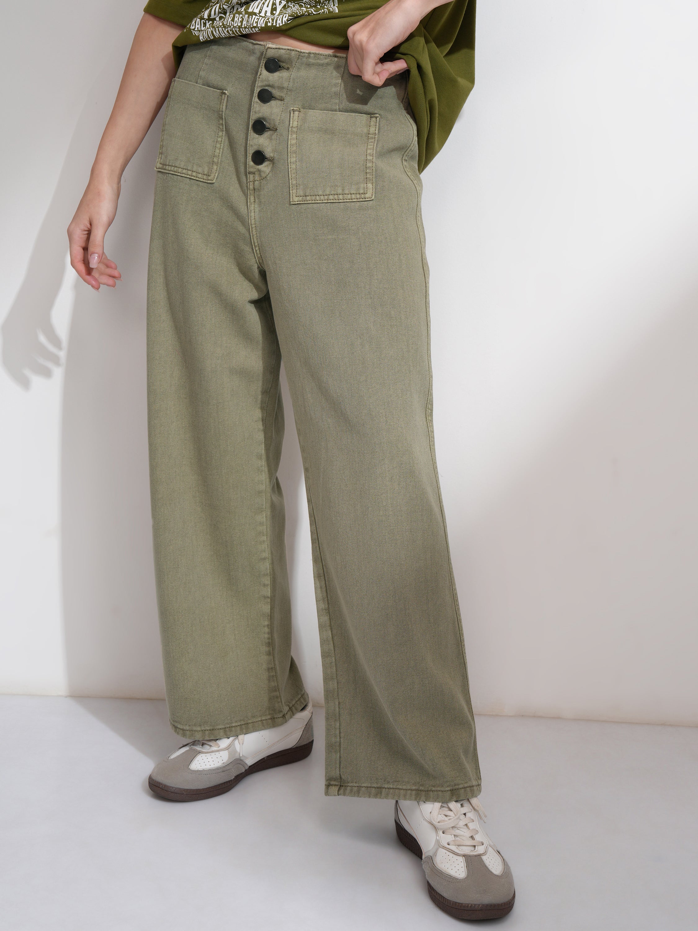 Tokyo Talkies Women Olive Straight Fit Stretchable Jeans - Olive - Image 1